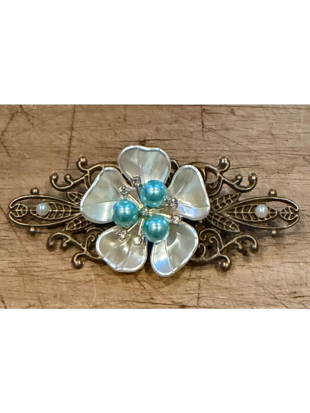 Vintage Brass Filigree Brooch With Pearl & Blue Flower Design Romantic Feminine